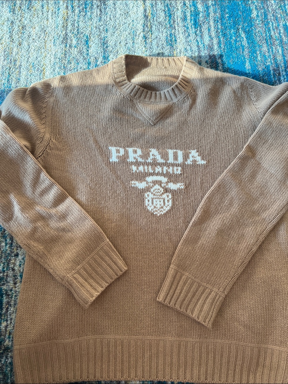 Prada Crewneck Sweater with White Logo in Tan